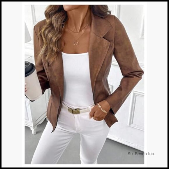 Faux Suede Blazer Jacket with Notch Collar and Open Front - Picture 4 of 5